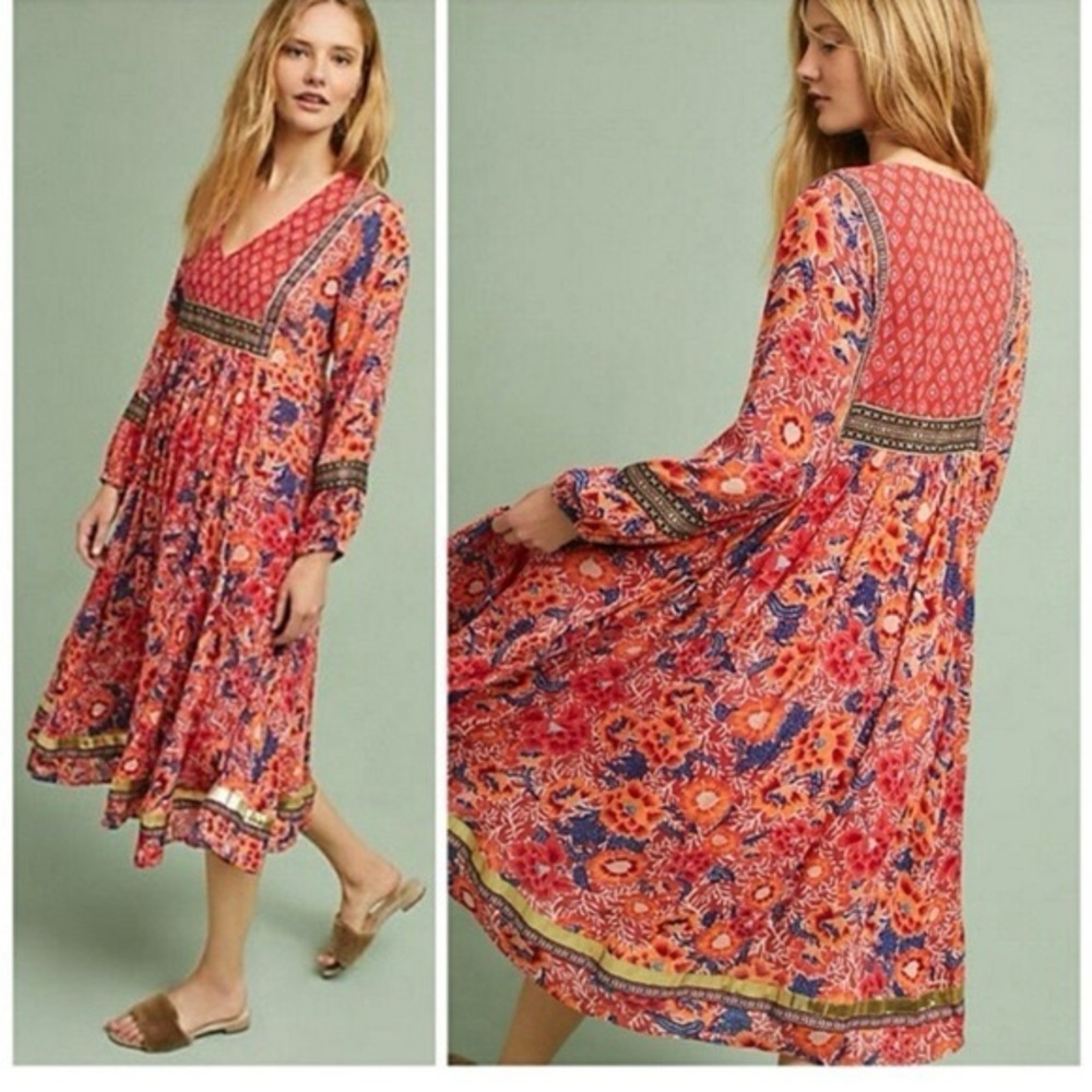 Anthro RD & Koko Trimmed Peasant Dress Boho Floral Midi L